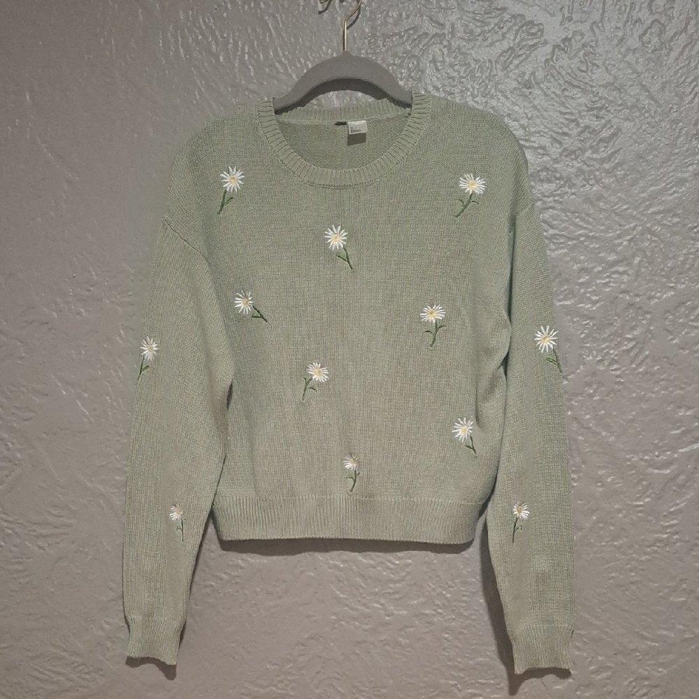 Divided Women's Sage Green Sweater with Daisy Embroidery Size S